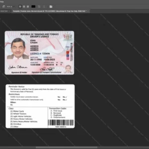 Trinidad And Tobago Driver License Psd Template version 1 - sample view of editable text fields