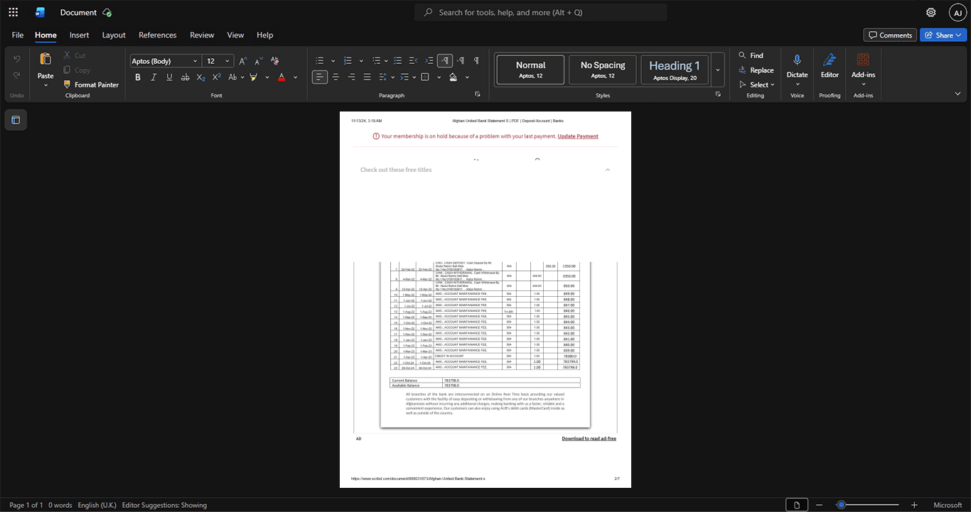 Afghanistan Afghan United Bank Bank Statement Template, Professional document in Word and PDF format