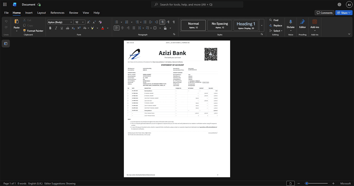 Afghanistan Azizi Bank Bank Statement Template, Fully editable Word and PDF format