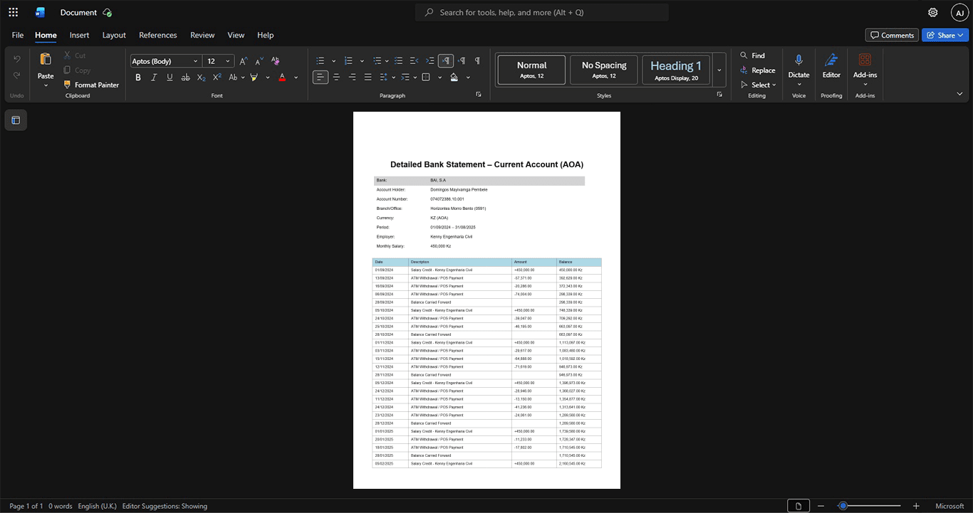 Angola Banco Angolano de Investimentos BAI Bank Statement Template, Print-ready template in Word and PDF