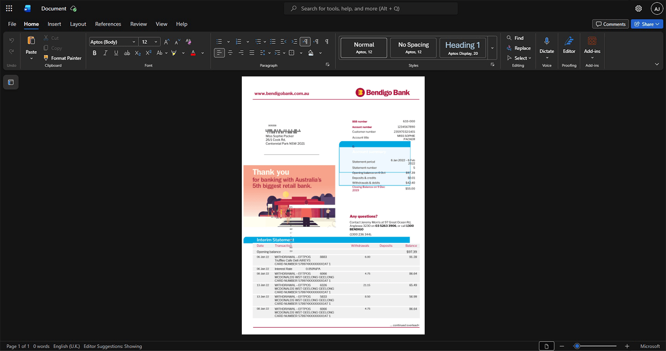 Australia Bendigo and Adelaide Bank Bank Statement Template, Print-ready in PDF layout