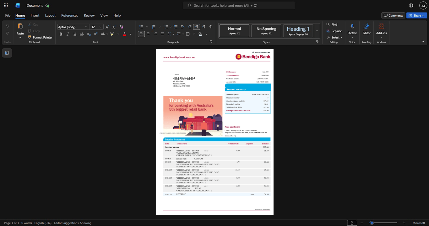 Australia Bendigo Bank Bank Statement Template, Easily modifiable Word and PDF format