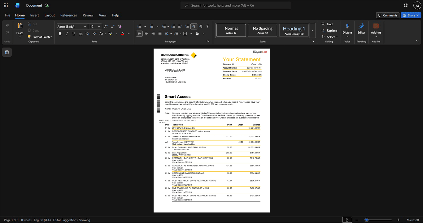 Australia Commonwealth Bank Bank Statement Template, High-quality template in Word and PDF format
