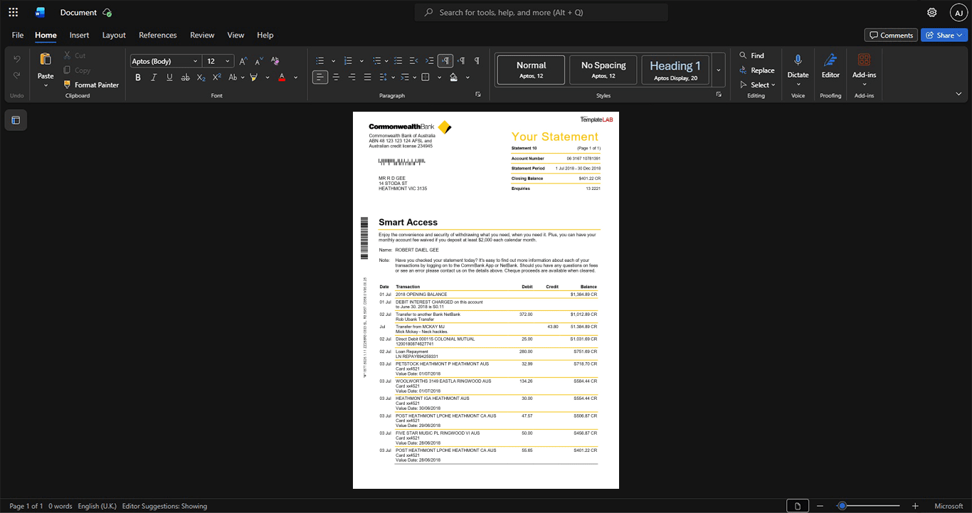 Australia Commonwealth Bank of Australia Bank Statement Template, Customizable document in Word and PDF format