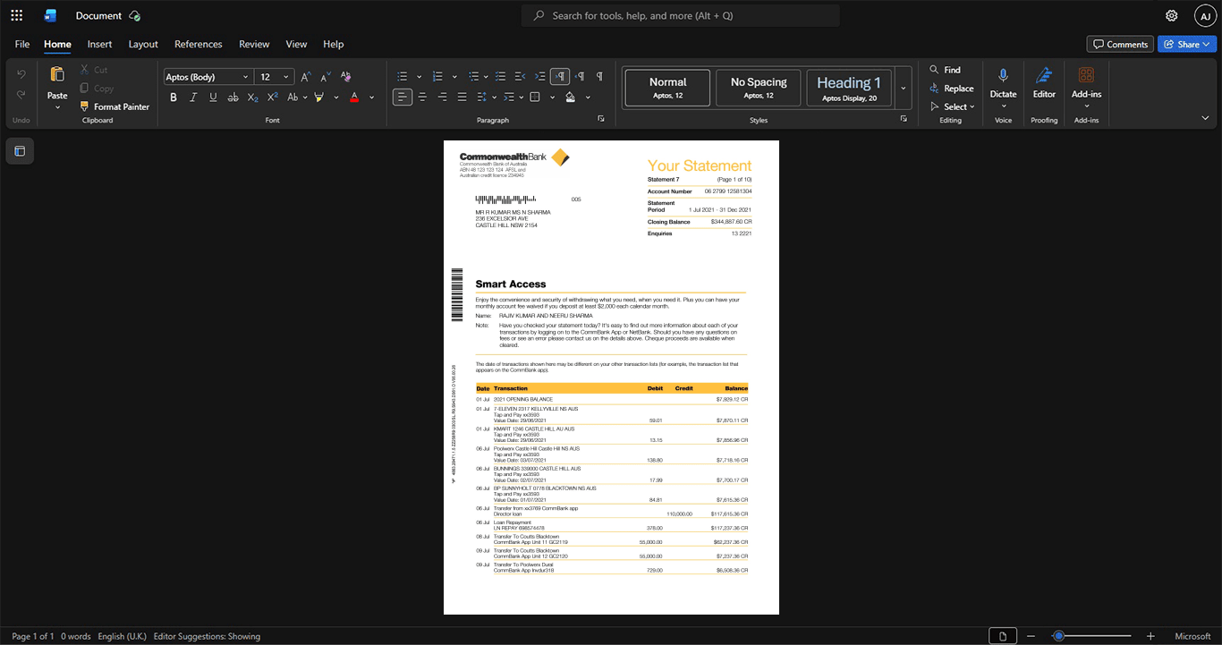 Australia Commonwealth Bank of Australia CBA Bank Statement Template, Customizable layout available in Word and PDF