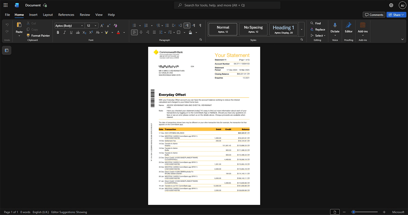 Australia Commonwealth Bank of Australia CBA Credit Card Statement Template, Easily modifiable Word and PDF format