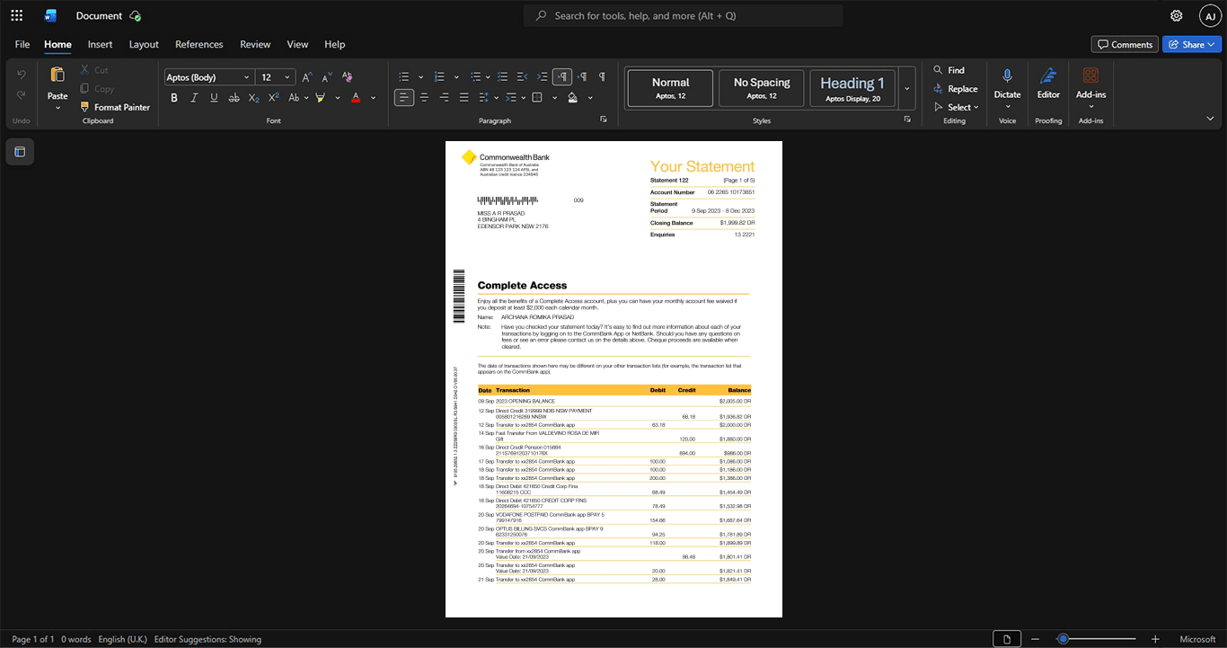 Australia Commonwealth Bank of Australia CommBank Bank Statement Template, Clean typography design in Word and PDF format