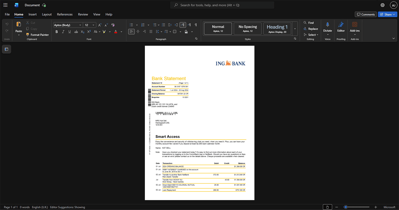 Australia ING Bank Bank Statement Template, Clean typography design in Word and PDF format