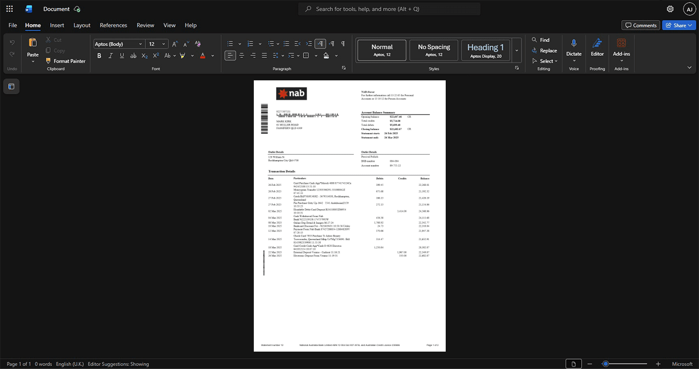 Australia National Australia Bank NAB Bank Statement Template, Print-ready in PDF layout