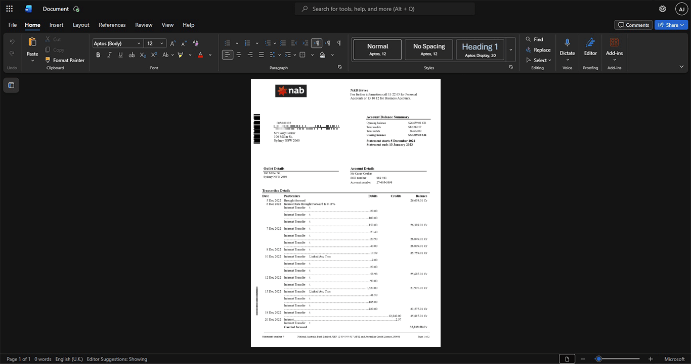 Australia National Australia Bank NAB Bank Statement Template, Quick edit digital asset in Word and PDF