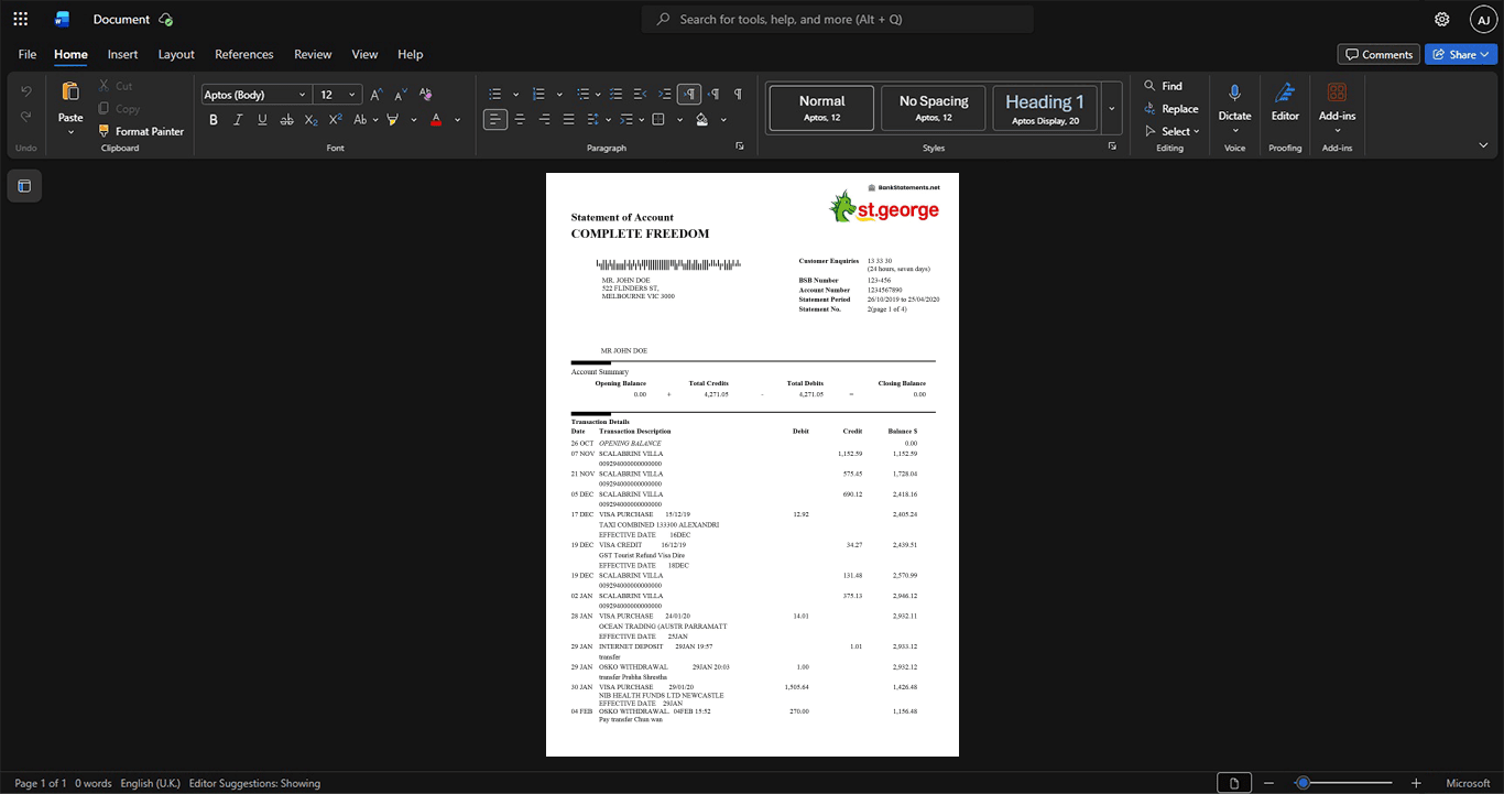 Australia St George Bank Bank Statement Template, Digital download file preview