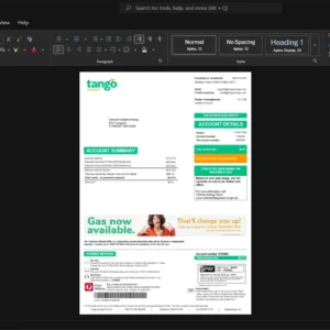 Australia Tango Energy Electricity Bill Template, Ready to print in Word and PDF format