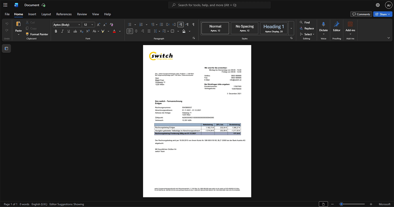 Austria Switch Generic Utility Bill Template, Quick edit digital asset in Word and PDF