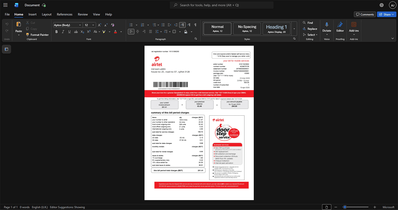 Bangladesh Airtel Mobile Bill Template, Standard printable layout in Word and PDF