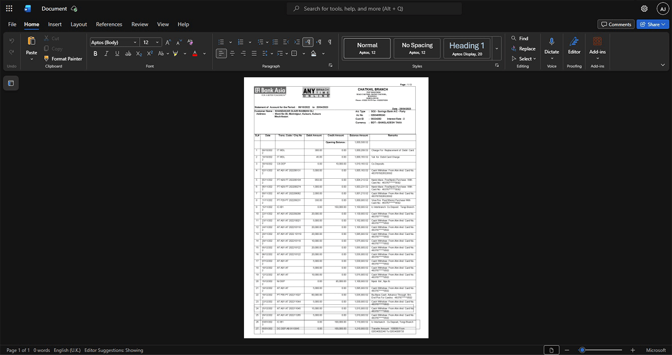 Bangladesh Bank Asia Limited Bank Statement Template, Corporate style document in Word and PDF formats