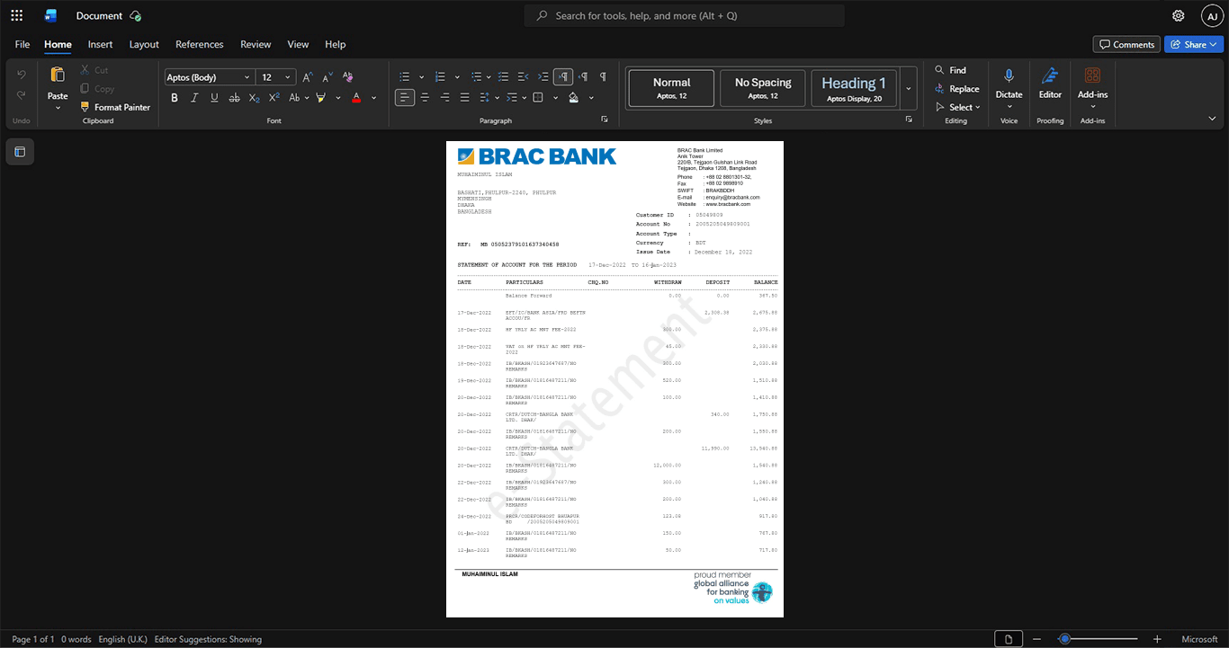 Bangladesh BRAC Bank Bank Statement Template, Corporate style document in Word and PDF formats