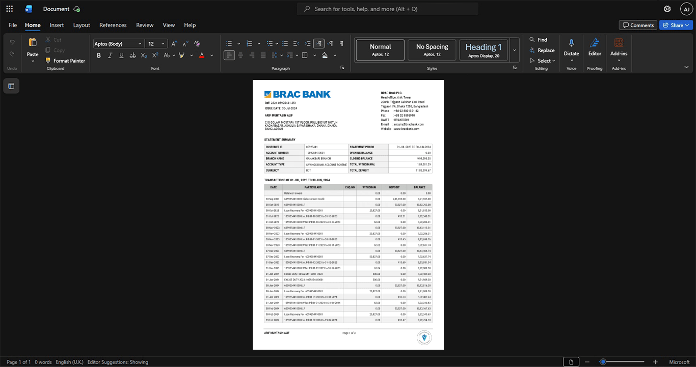 Bangladesh BRAC Bank Limited Bank Statement Template, Customizable document in Word and PDF format