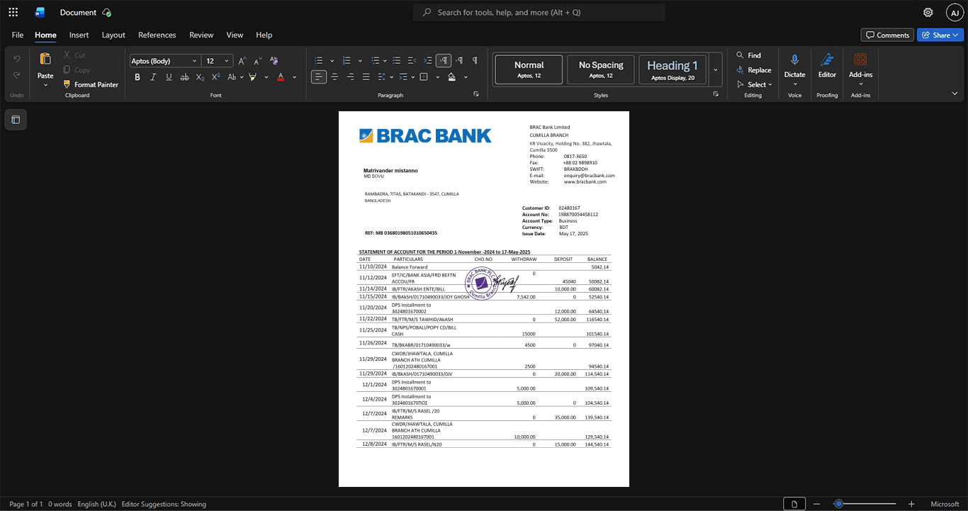 Bangladesh BRAC Bank Limited Business Account Statement Template, High-quality template in Word and PDF format