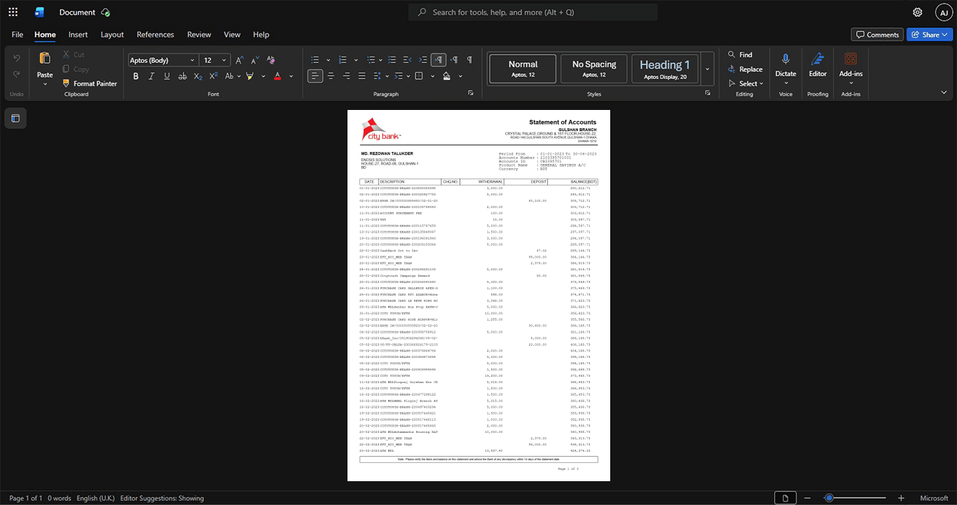 Bangladesh Crystal Palace Bank Bank Statement Template, Print-ready in PDF layout