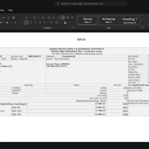 Bangladesh Dhaka Water Supply and Sewerage Authority Water Bill Template, Digital download template in Word and PDF