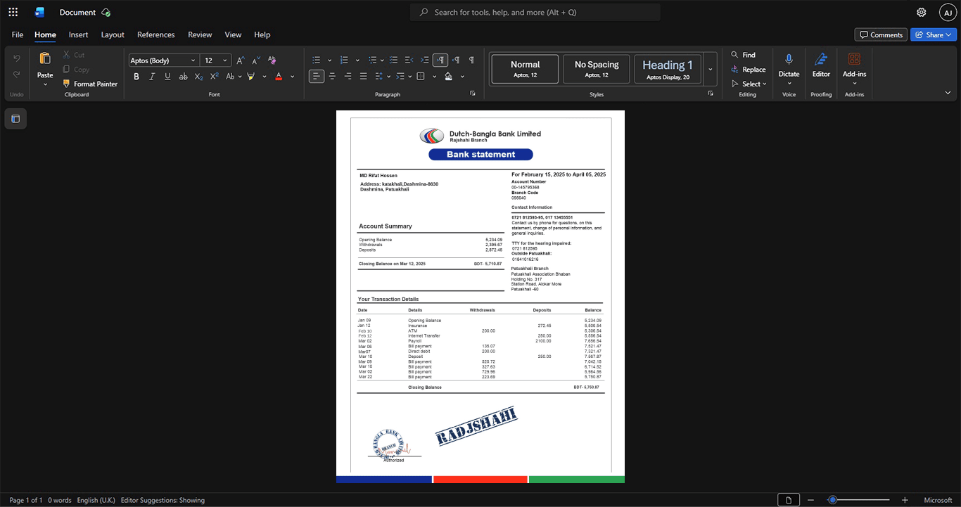 Bangladesh DutchBangla Bank Bank Statement Template, Blank template in Word and PDF format