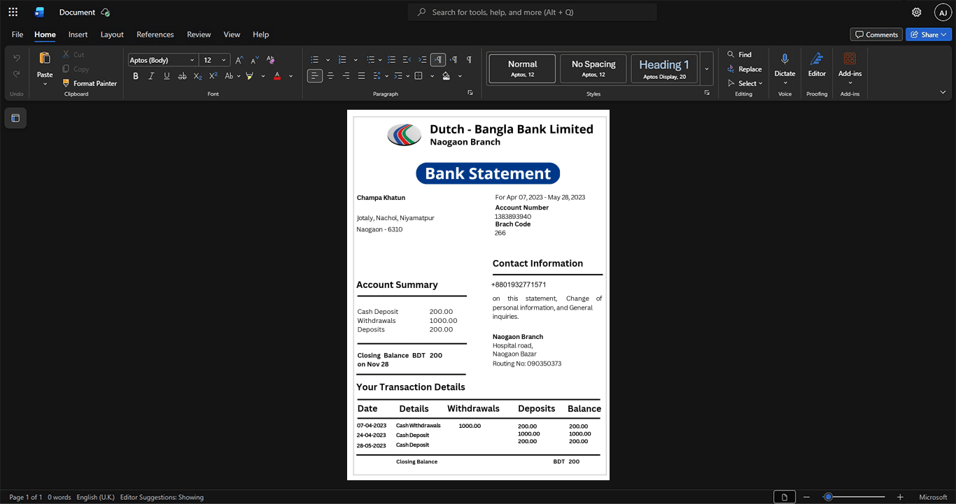 Bangladesh DutchBangla Bank Limited Bank Statement Template, Fully editable Word and PDF format
