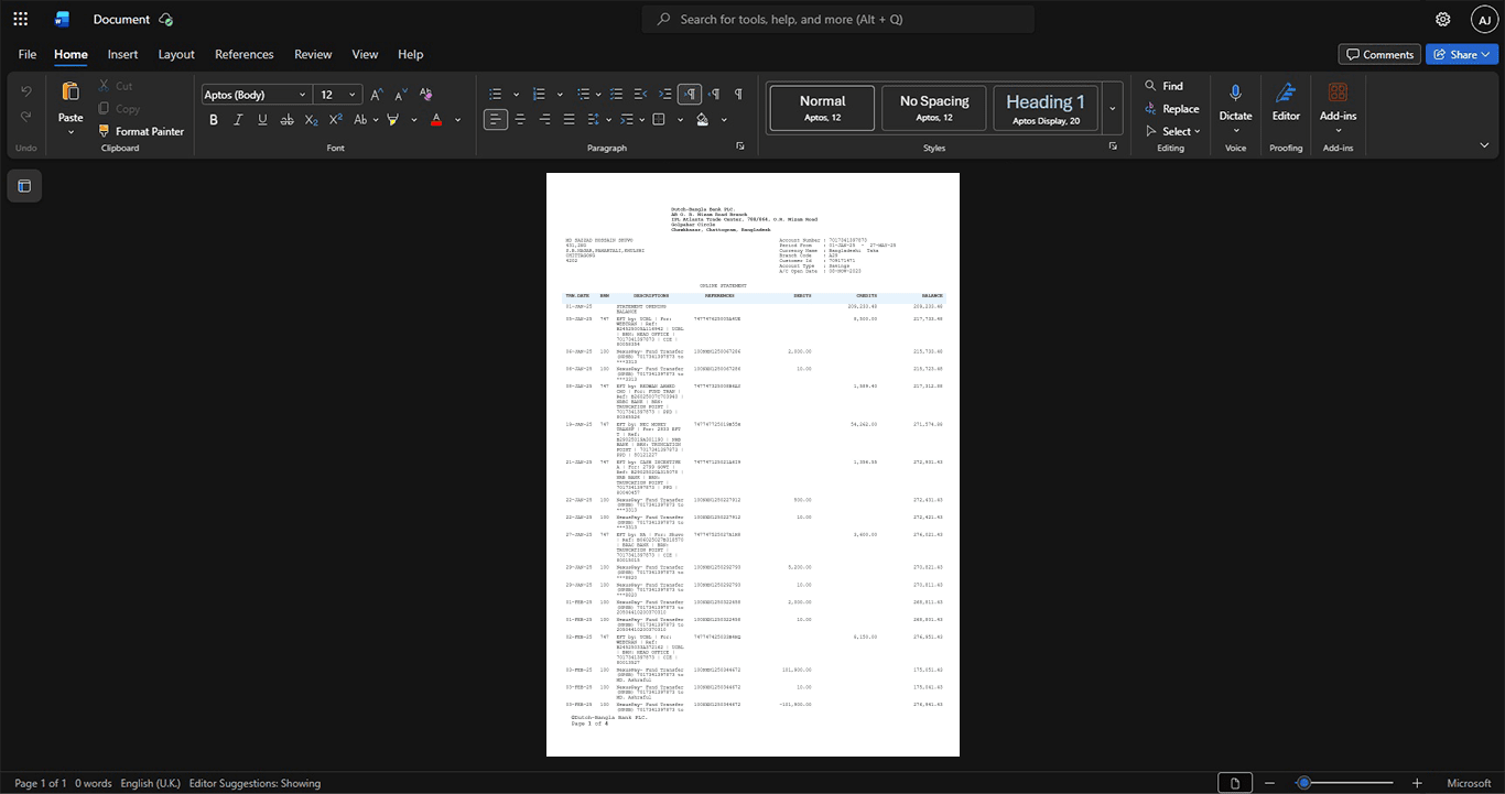 Bangladesh DutchBangla Bank Limited DBBL Bank Statement Template, High-quality template in Word and PDF format