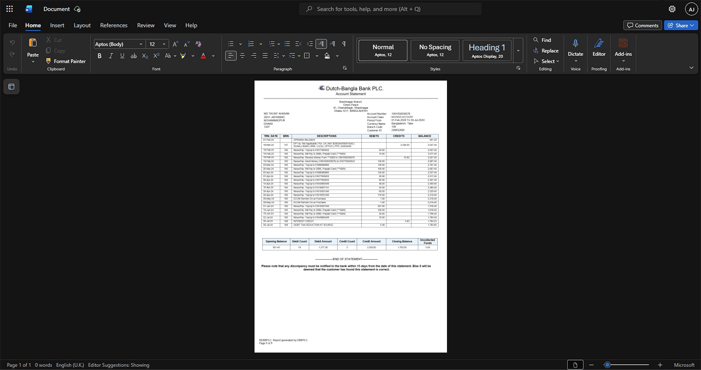 Bangladesh DutchBangla Bank PLC Bank Statement Template, Professional document in Word and PDF format