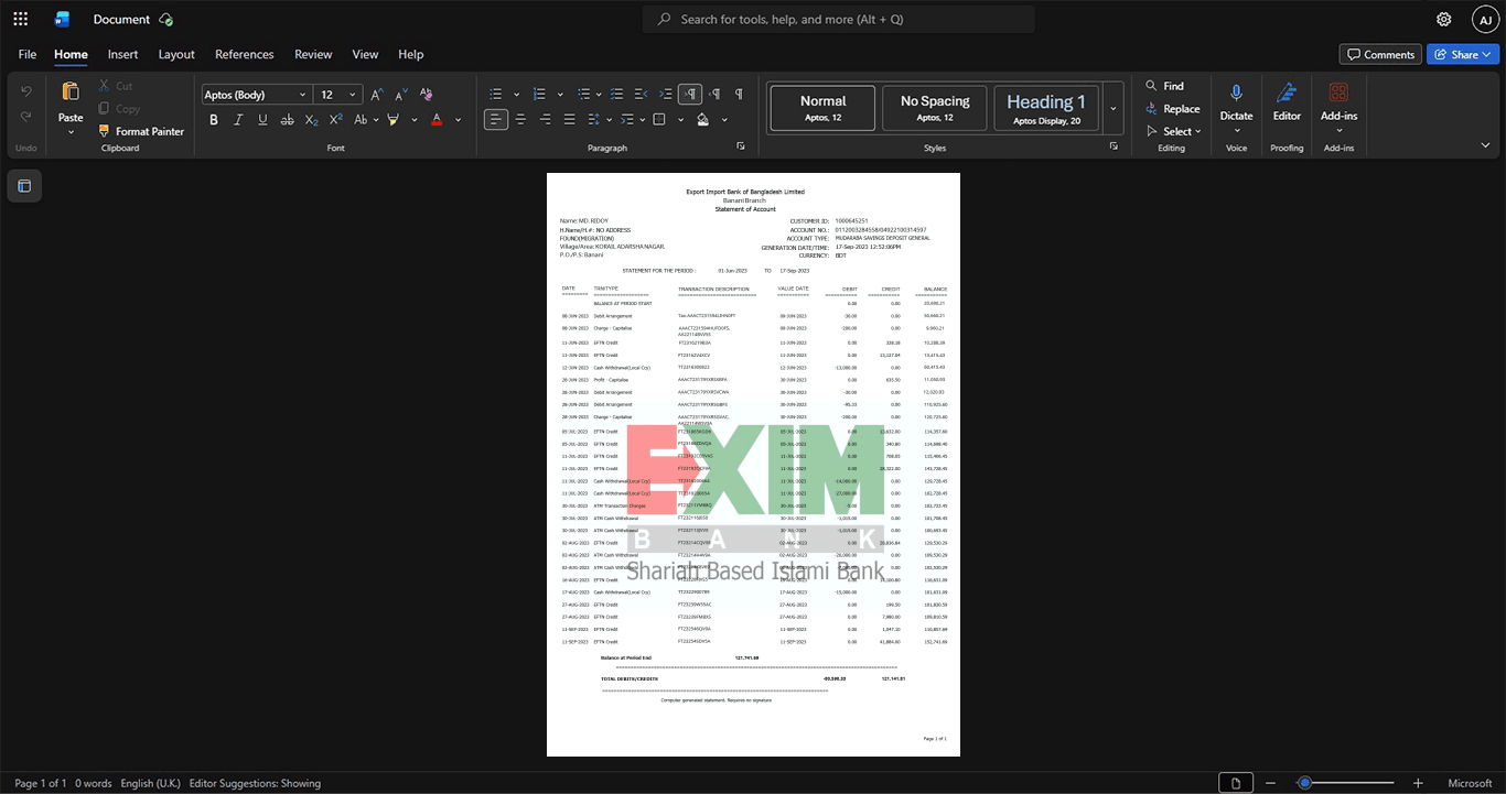 Bangladesh Export Import Bank of Bangladesh Limited Bank Statement Template, Digital download file preview