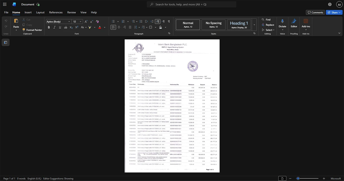 Bangladesh Islami Bank Bangladesh Limited Bank Statement Template, Standard layout in DOCX and PDF