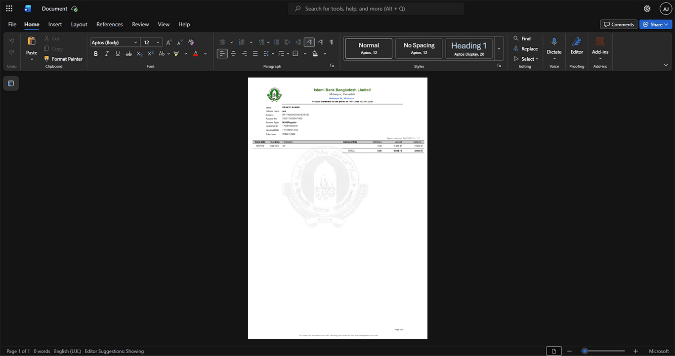 Bangladesh Islami Bank Bangladesh Limited IBBL Bank Statement Template, High-quality design in Word and PDF format