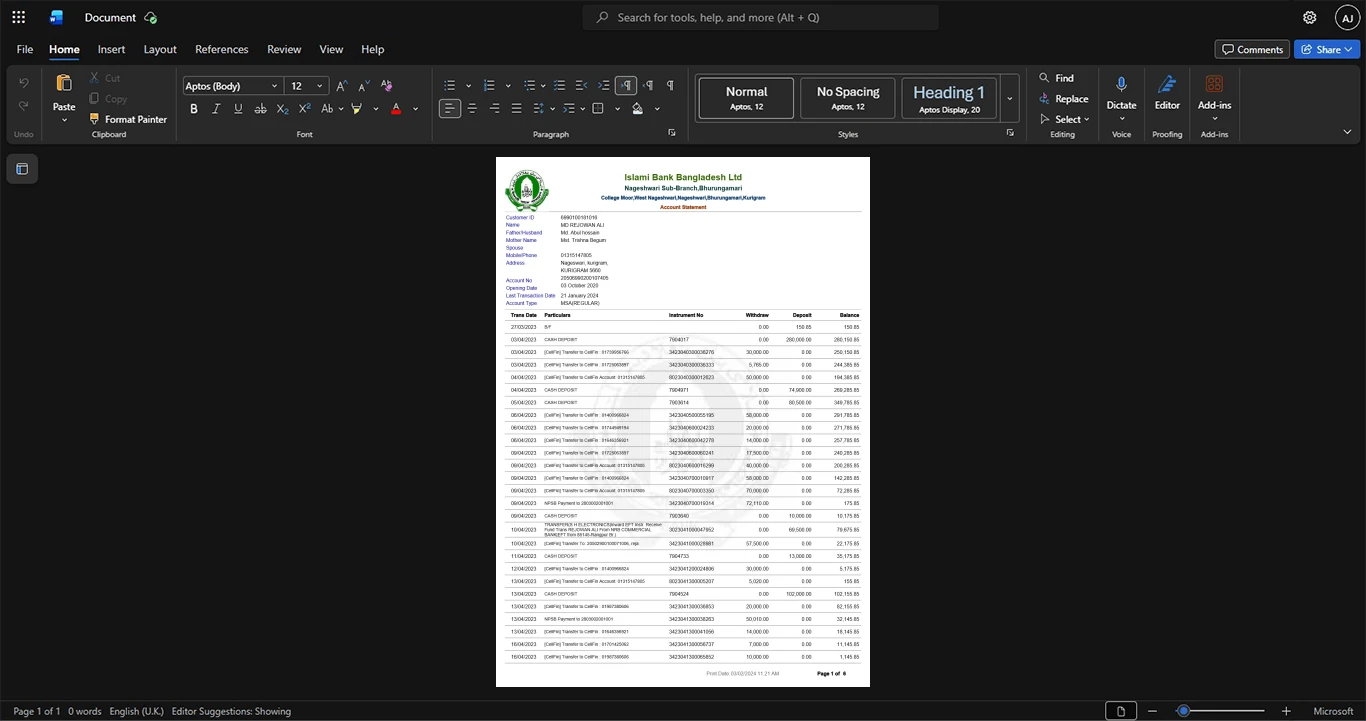 Bangladesh Islami Bank Bangladesh Ltd Bank Statement Template, Ready to print in Word and PDF format