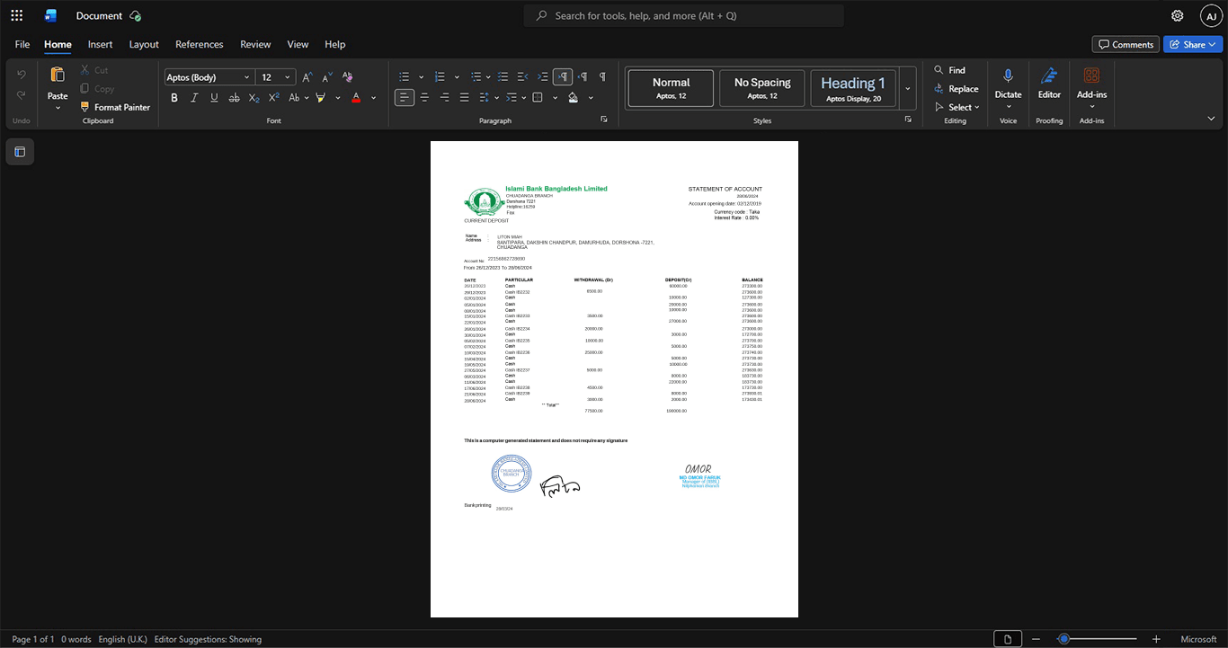 Bangladesh Islami Bank Bangladesh Ltd Bank Statement Template, Fully structured template in Word and PDF format