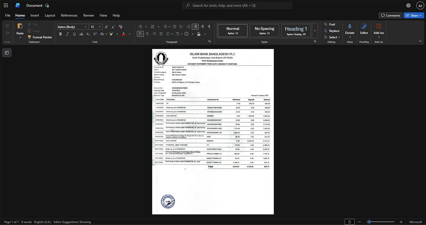 Bangladesh Islami Bank Bangladesh PLC Bank Statement Template, Professional document in Word and PDF format