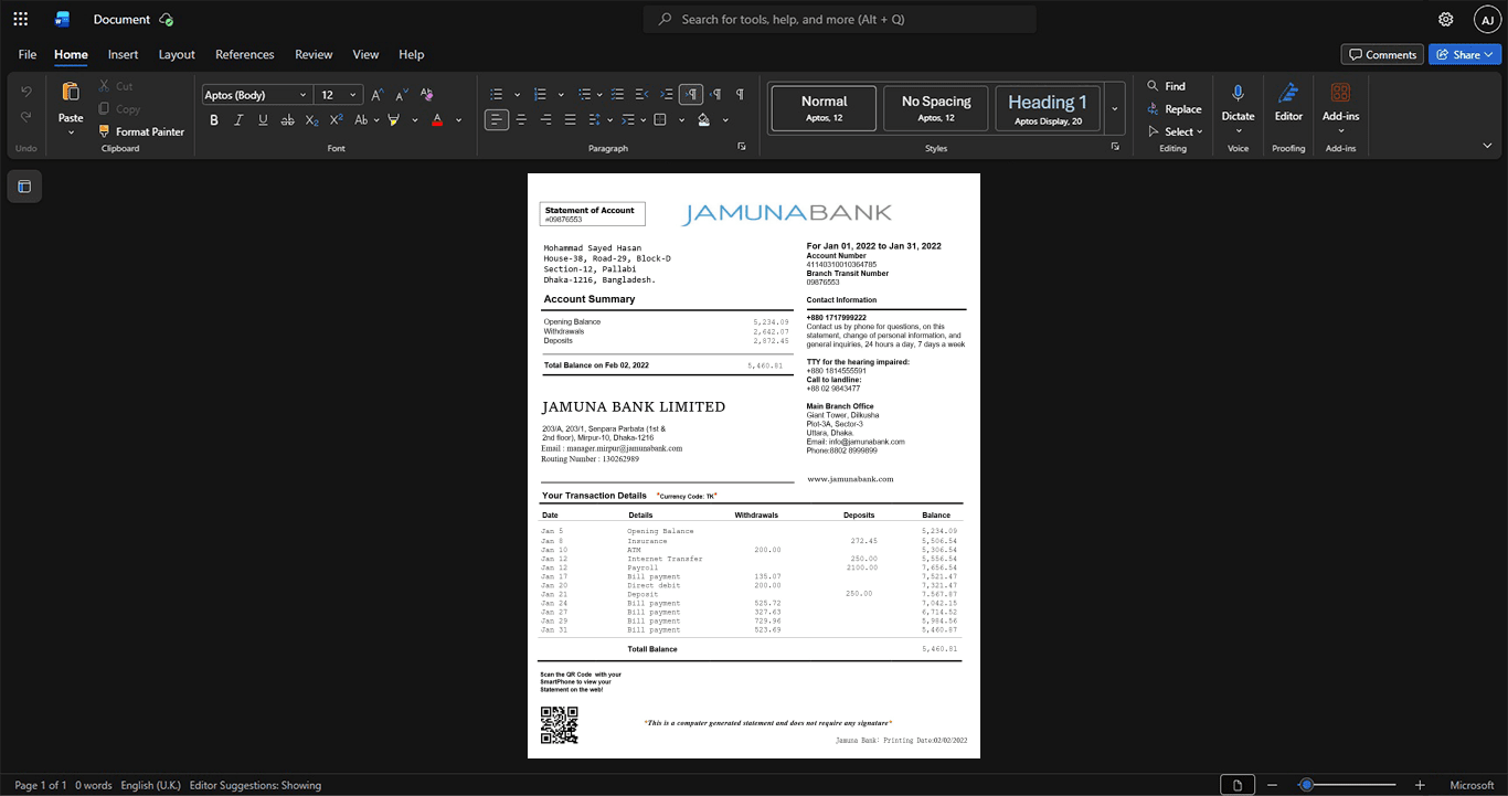 Bangladesh Jamuna Bank Limited Bank Statement Template, Standard printable layout in Word and PDF