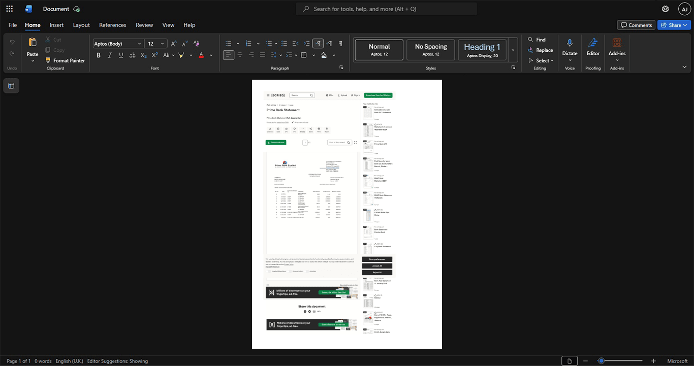 Bangladesh Prime Bank Bank Statement Template, printable document in Word and PDF format