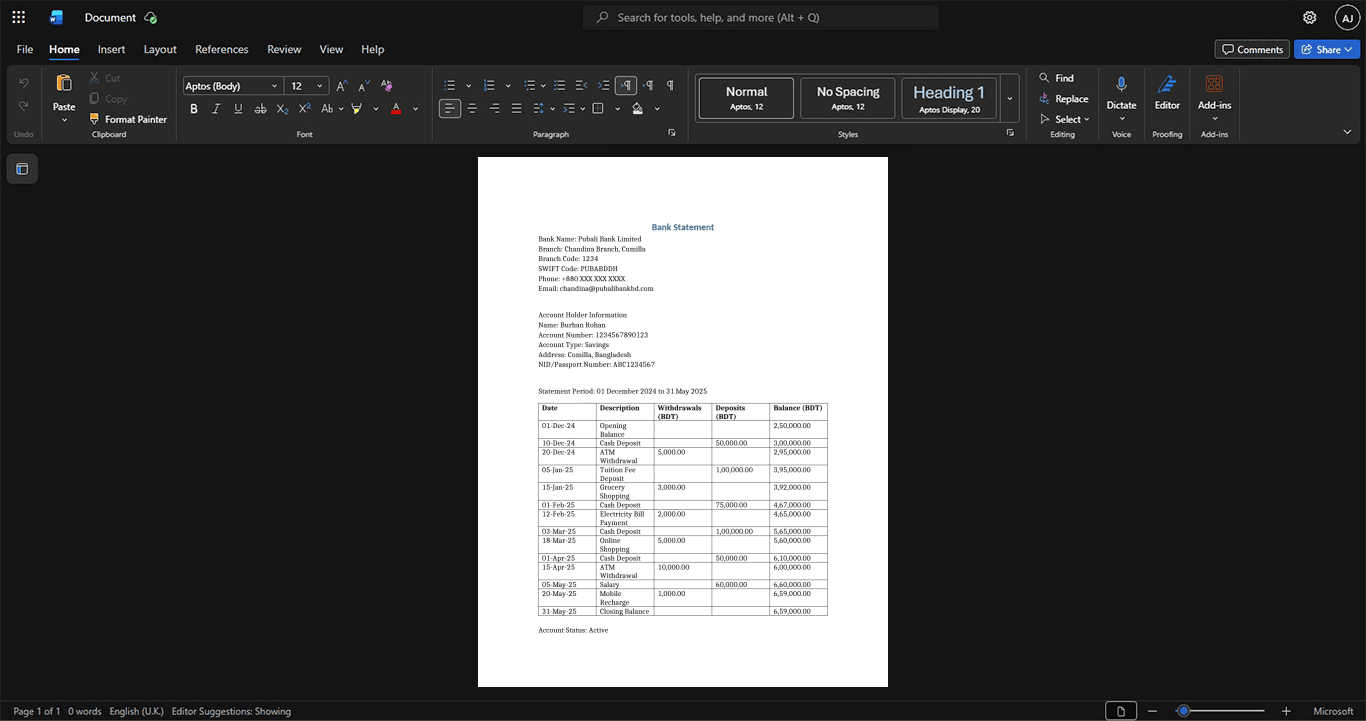 Bangladesh Pubali Bank Limited Bank Statement Template, Quick edit template in Word and PDF format