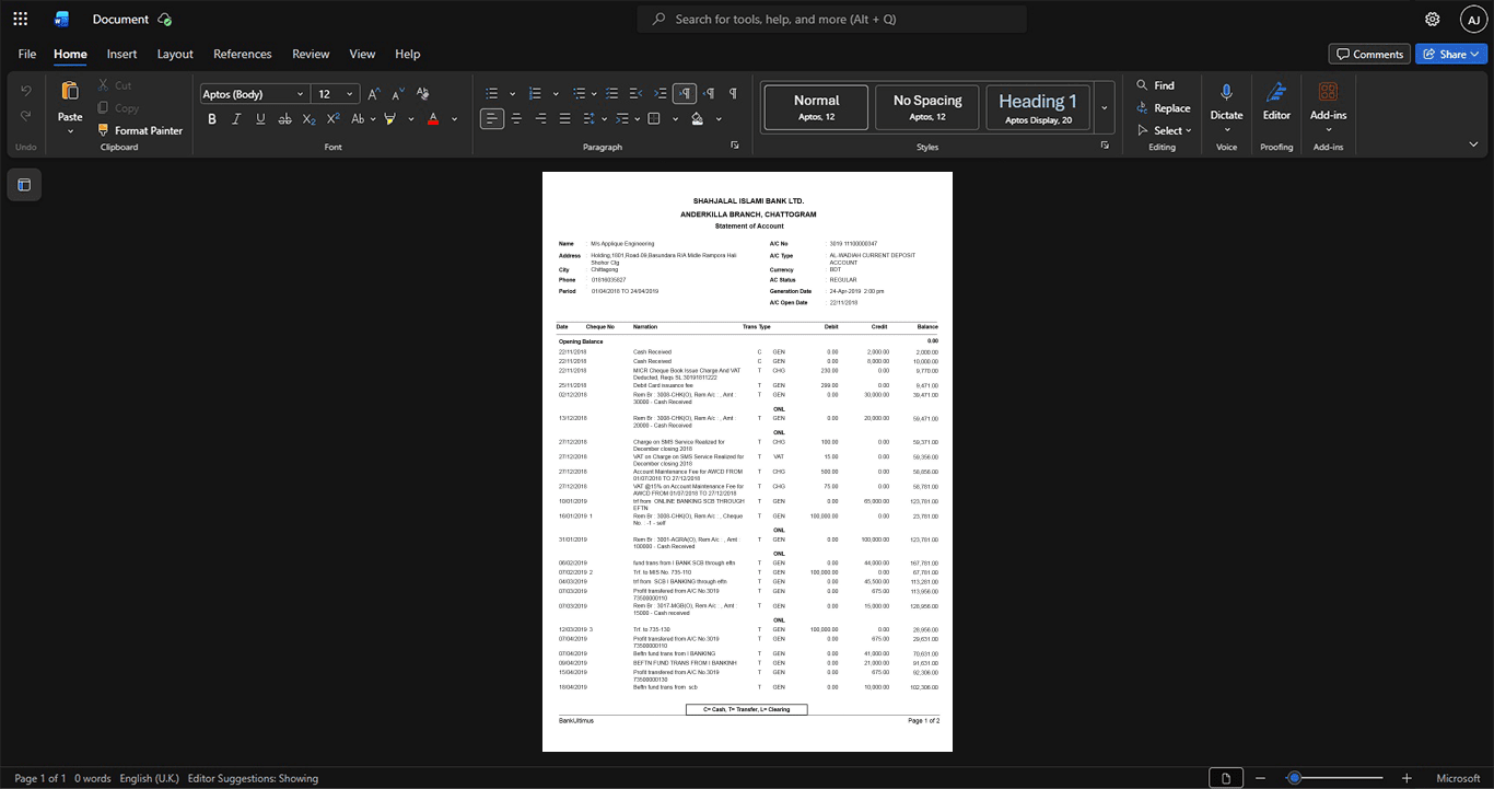 Bangladesh Shahjalal Islami Bank Limited Bank Statement Template, Standard layout in DOCX and PDF