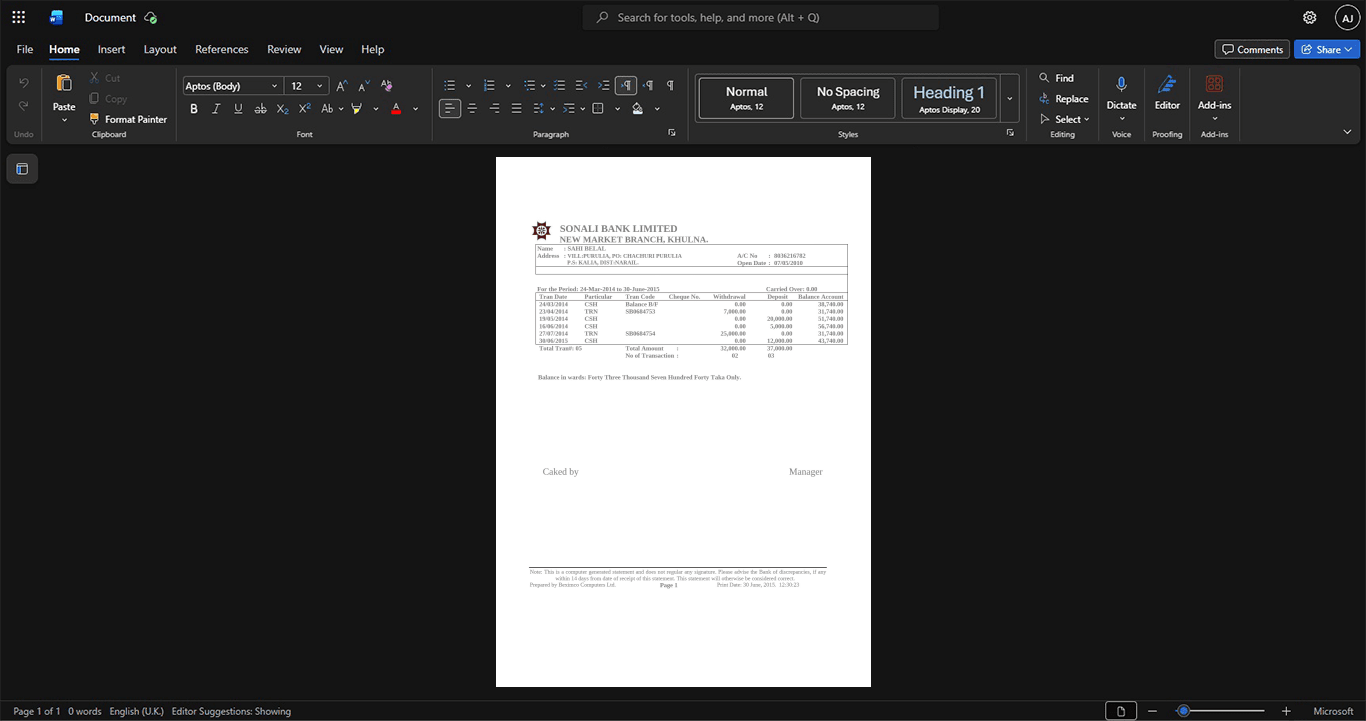 Bangladesh Sonali Bank Limited Bank Statement Template, Fully editable Word and PDF format