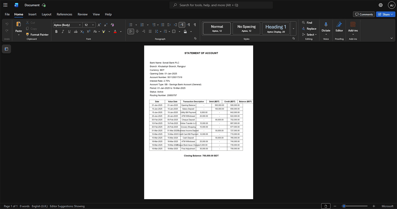Bangladesh Sonali Bank PLC Bank Statement Template, Quick edit digital asset in Word and PDF