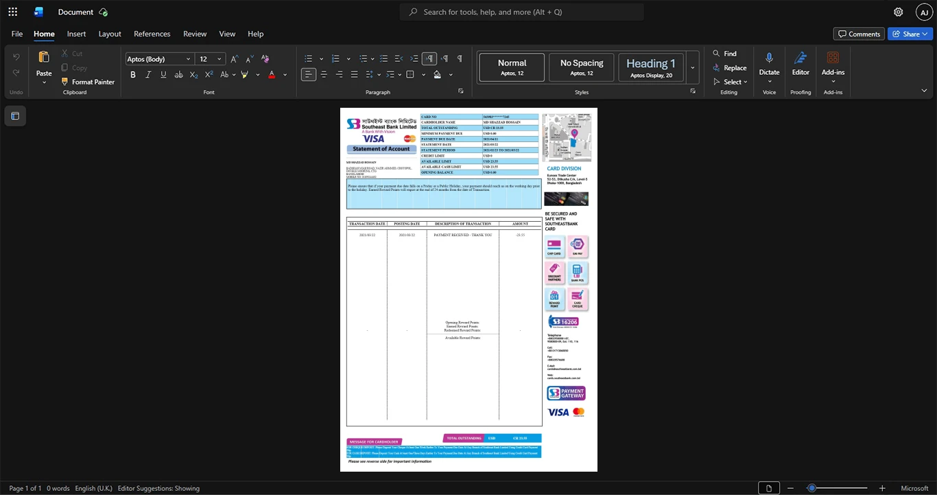 Bangladesh Standard Chartered Bank Credit Card Statement Template, Corporate style document in Word and PDF formats