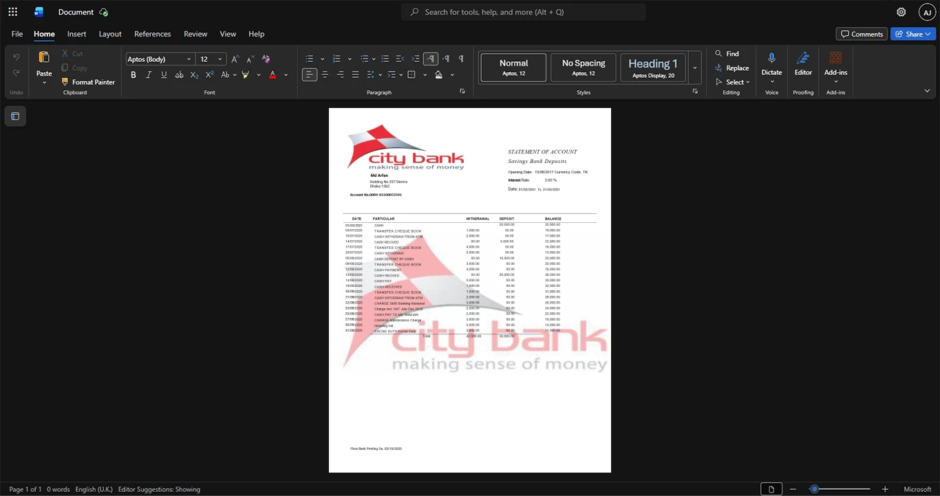 Bangladesh The City Bank Limited Bank Statement Template, Ready to print in Word and PDF format