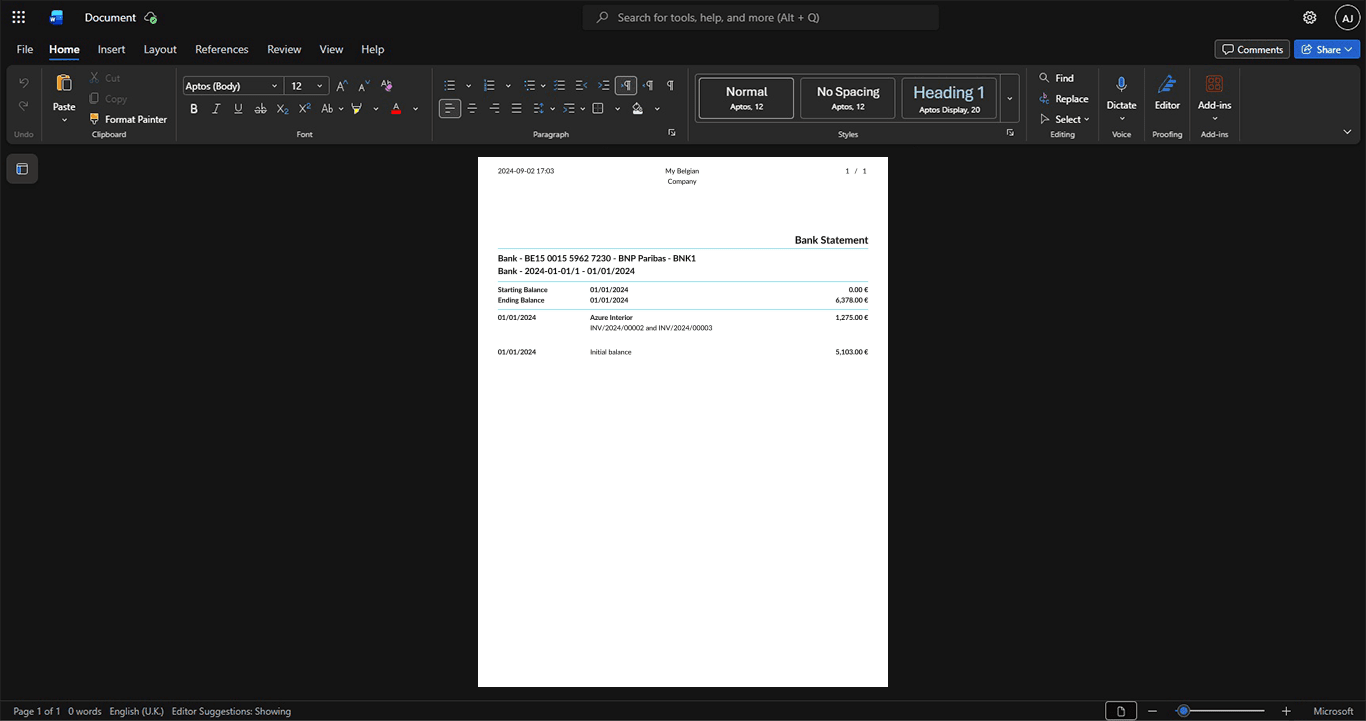 Belgium BNP Paribas Bank Statement Template, Standard layout in DOCX and PDF