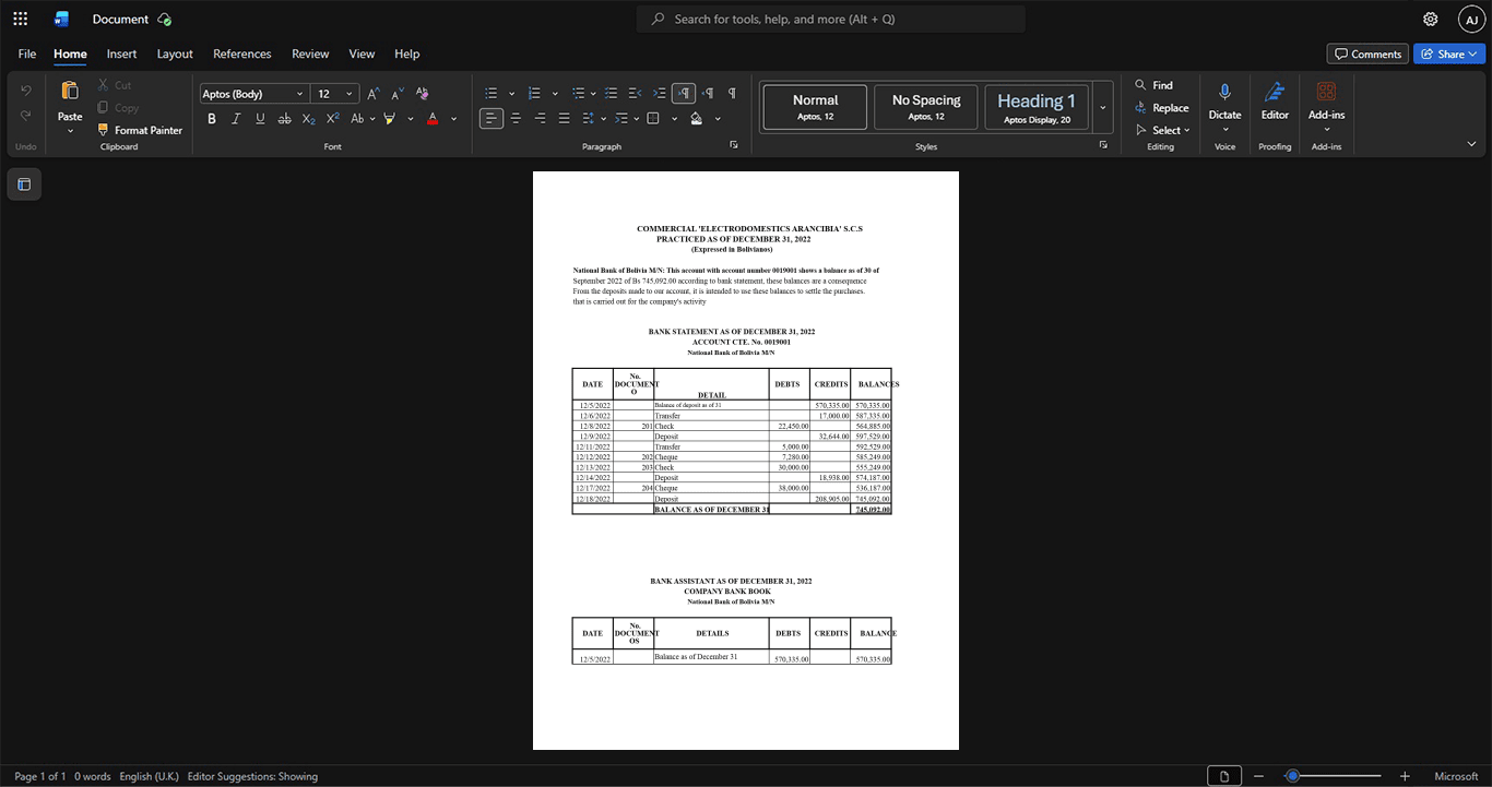 Bolivia Banco Union S A Bank Statement Template, Standard layout in DOCX and PDF