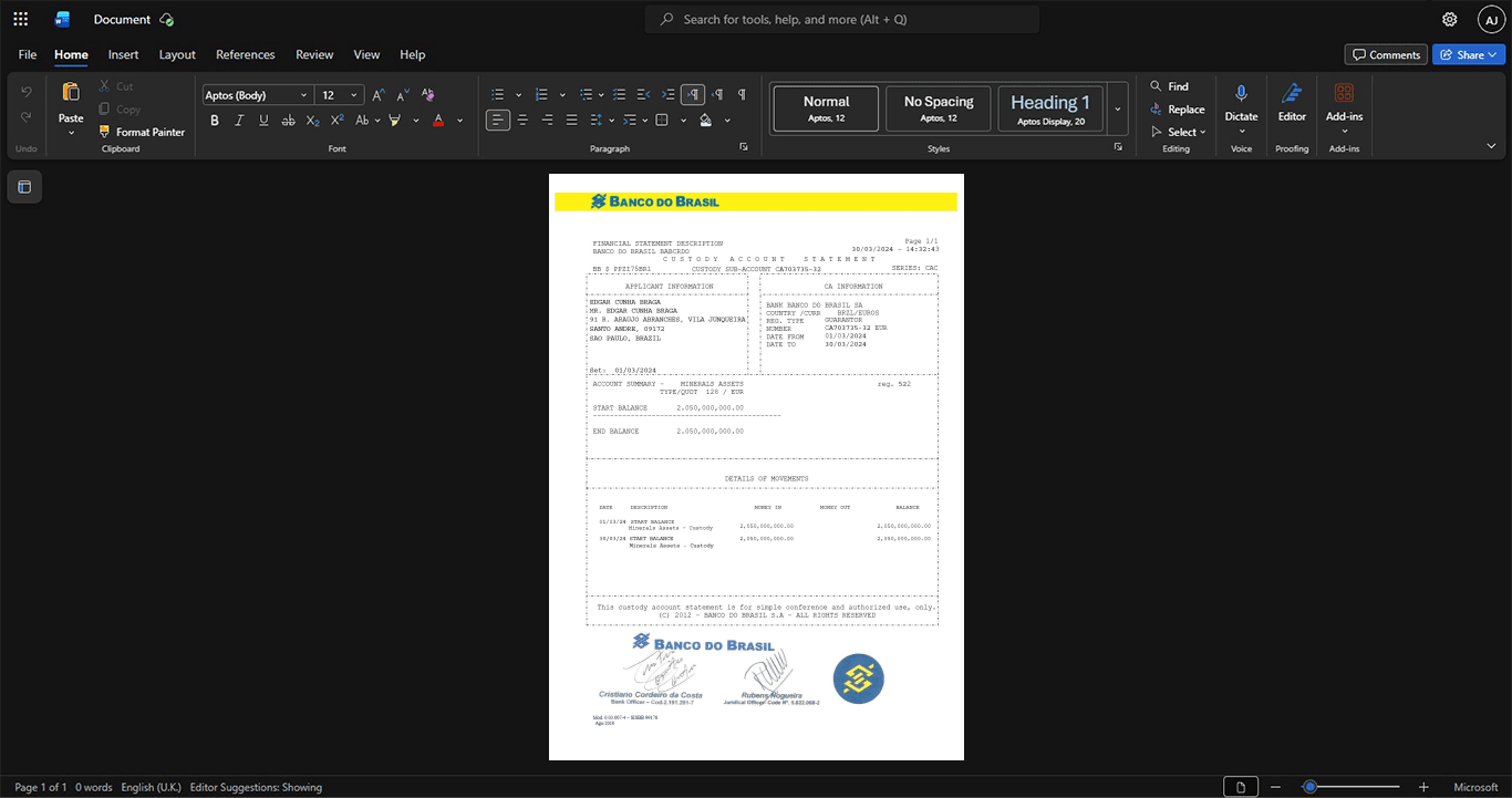 Brazil Banco do Brasil Bank Statement Template, Ready to print in Word and PDF format