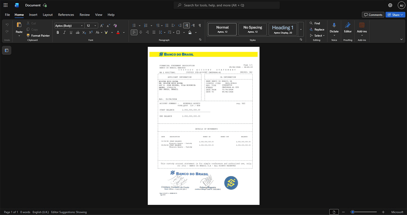 Brazil Banco do Brasil Bank Statement Template, Quick edit digital asset in Word and PDF