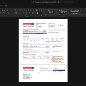 Brazil NTERROLL Corporation Business Utility Bill Template, Ready to print in Word and PDF format