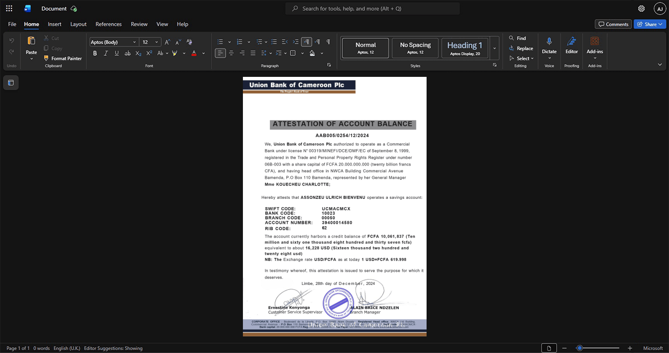 Cameroon Union Bank of Cameroon Bank Statement Template, Ready to print in Word and PDF format