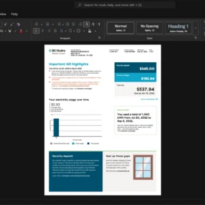 Canada BC Hydro Electricity Bill Template, Customizable document in Word and PDF format
