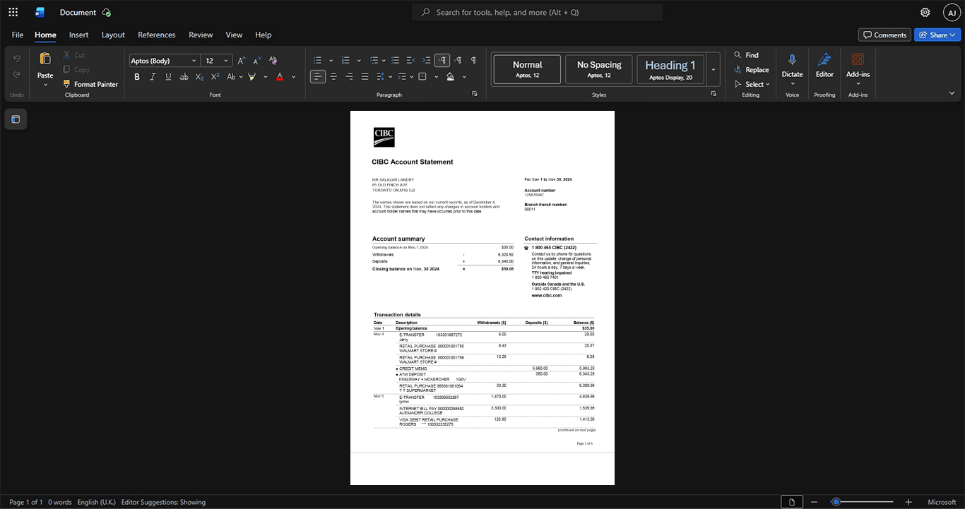 Canada Canadian Imperial Bank of Commerce CIBC Bank Statement Template, Clean typography design in Word and PDF format